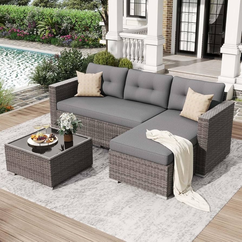 Gray Wicker Patio Furniture Set L-Shaped with Tempered Glass Top