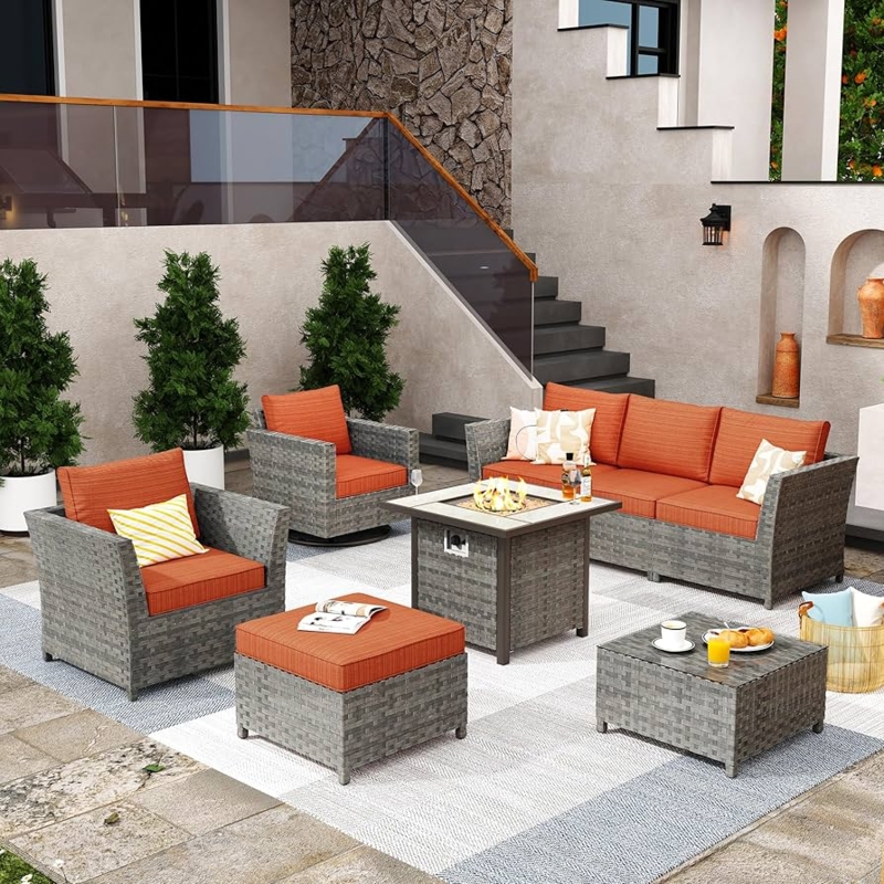 Gray Wicker Patio Set with Fire Pit and Swivel Rockers