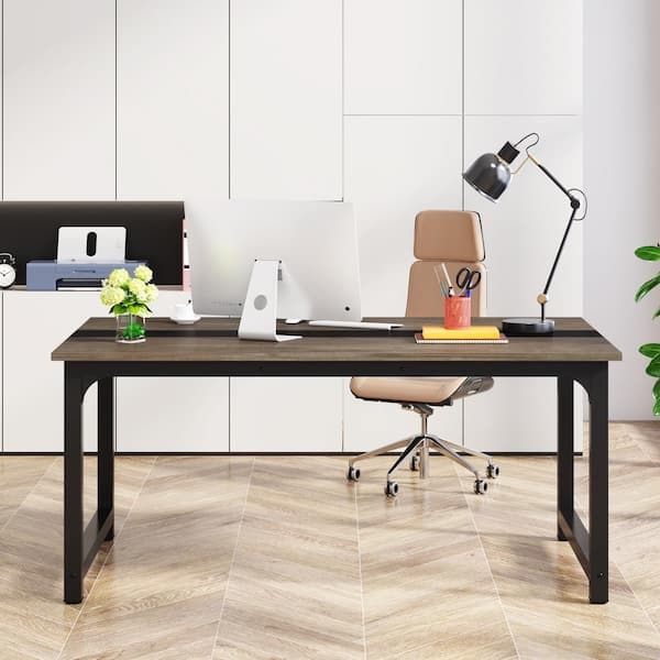 Gray Wood Computer Desk with Black Metal Trestle Base