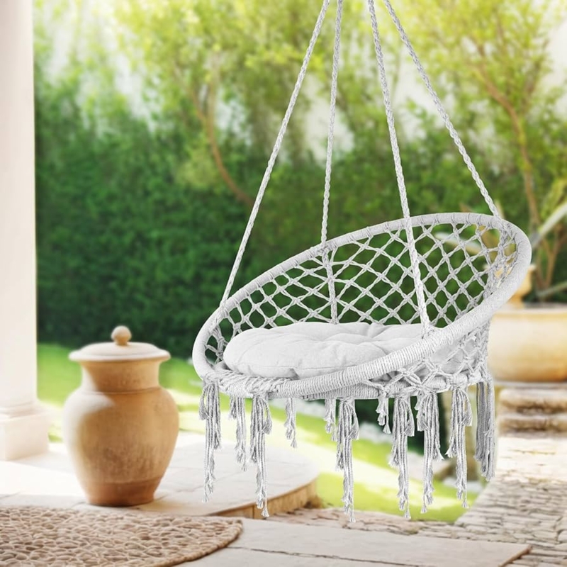 Gray Woven Hammock Chair with Tassels and Portable C-Frame Stand