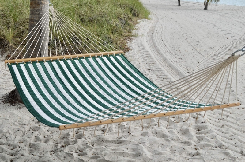 Green and White Striped Quilted Hammock for Patio