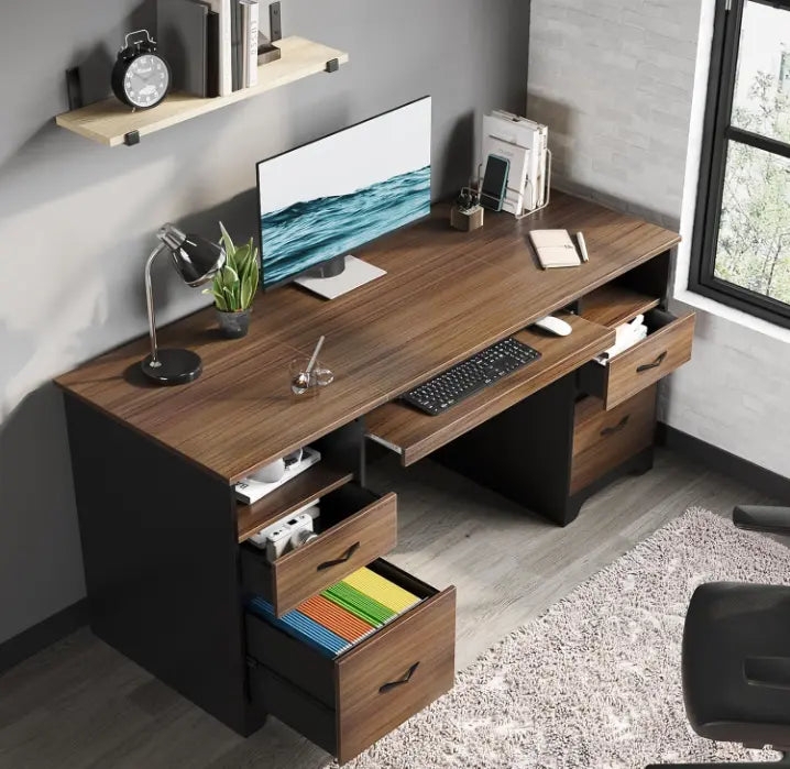 Grey Computer Desk with Four Drawers, Keyboard Tray, and X-Frame Detail