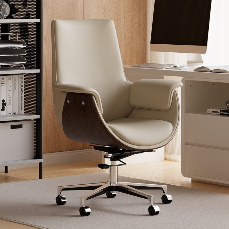 Grey Leather Modern Home Office Chair Upholstered High Back Desk Chair Wood  Grain FrameHomary