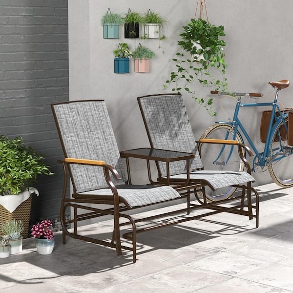 Grey Mesh Outdoor Glider Bench with Integrated Center Table