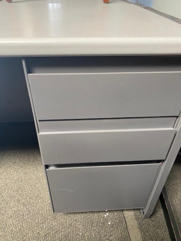 Grey Metal Double Pedestal Desk with Integrated Pulls and Light Wood Top
