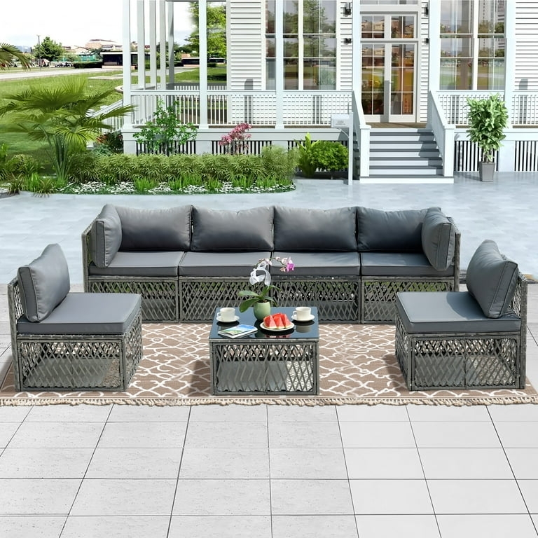 Grey Rattan Patio Seating, Transitional Modular Set with Glass Top Table