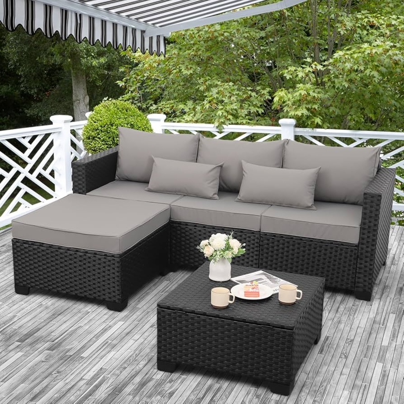 Grey Wicker Outdoor Sectional Set with Modular Ottoman