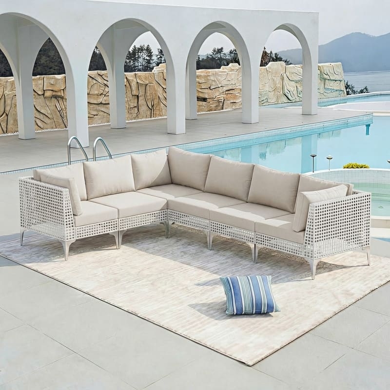 Grey Wicker Outdoor Sectional Set with Teal Accent Pillows