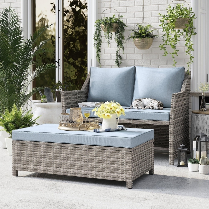 Grey Wicker Patio Conversation Set with Integrated Storage Table
