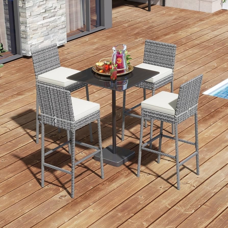 Grey Woven Rattan Bar Stool with High Contrast White Seat Cushions