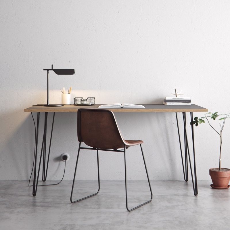 Grey Writing Desk, Matte Finish Top, Three-Rod Hairpin Legs