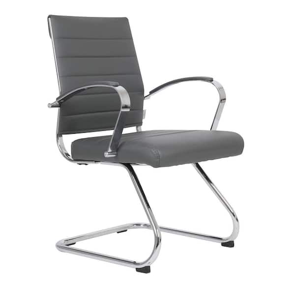 Guest Office Chair with Sled Base, Grey Ribbed Leather, Modern Style