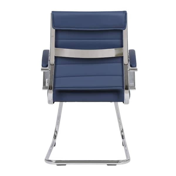 Guest Office Chair with Sled Base, Navy Blue Ribbed Leather-Like, Modern