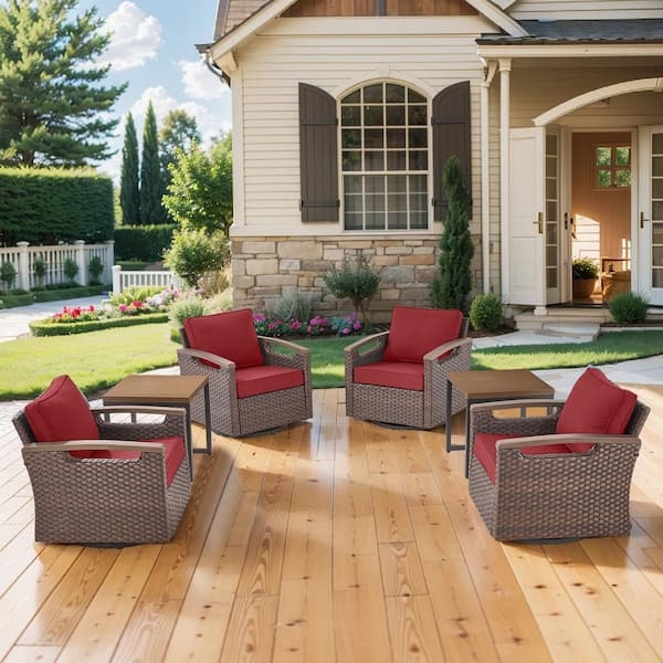 Gymojoy Kelsey Red 6-Piece Brown Wicker Patio Conversation Set with Swivel  Rocking Chairs and Side Table 2GM-AL20SS123-5