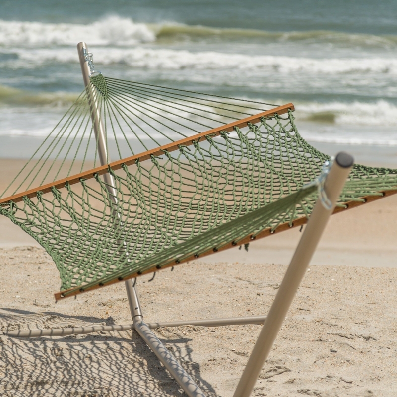 Hammock Arched Silhouette Tan Rope Black Stand Spreader Bars