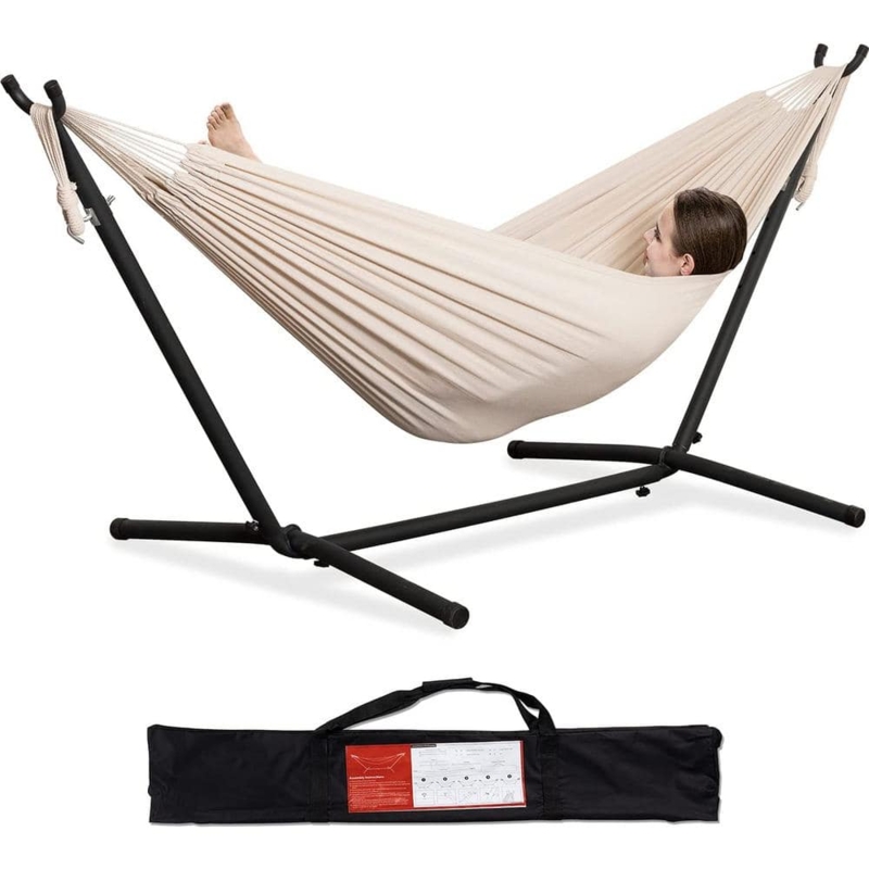 Hammock, Beige Quilted Fabric with Tassels & Metal Stand
