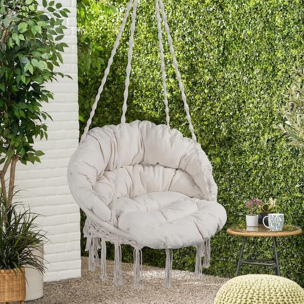 Hammock Chair Beige Cotton Rope Macrame Weave Tasseled Fringe Spreader Bar