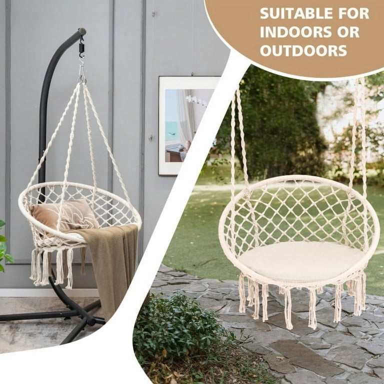 Hammock Chair Beige Woven Spreader Bar Tassel Fringe Included Pillows