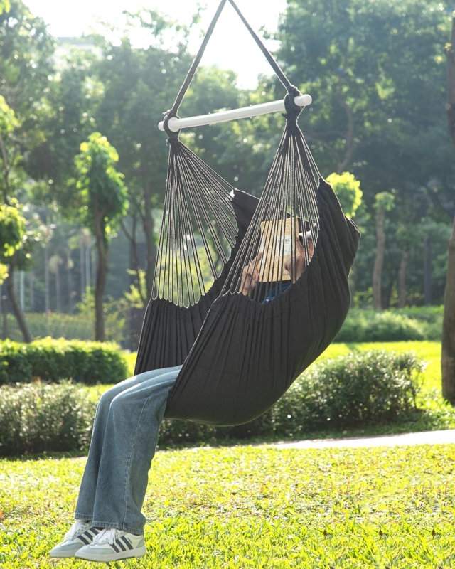 Hammock Chair Beige Woven Wooden Spreader Bar Tasseled Fringe Seat Cushions