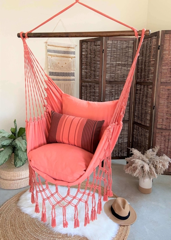 Hammock Chair Coral Pink Macrame Knotting Spreader Bar Fringe Tassels