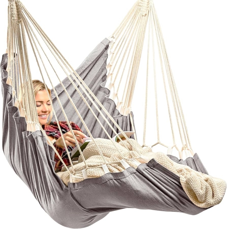 Hammock Chair Cream Cotton Rope Macrame Spreader Bar Integrated Footrest