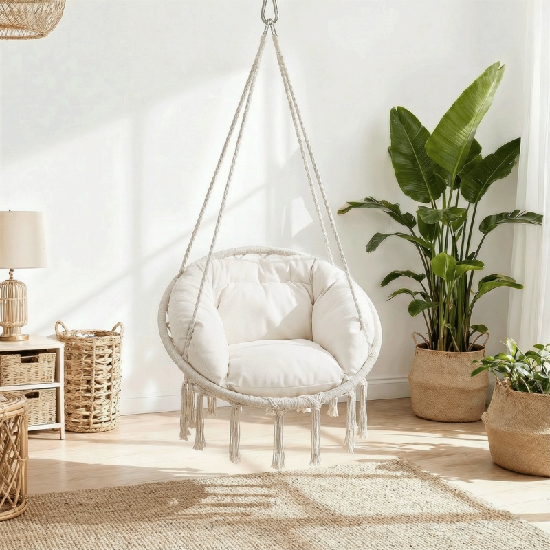Hammock Chair Cream Cotton Rope Macrame Weaving Spreader Bar Macrame Fringe