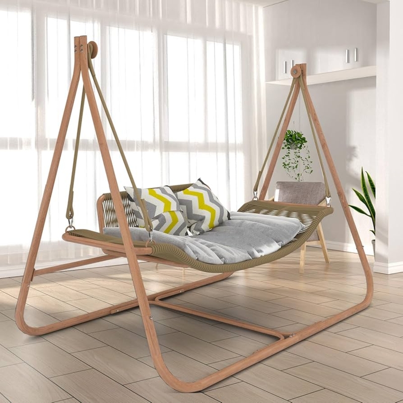 Hammock Chair Cream Woven Fabric Fringe Trim Wood Colored Anti Rust Frame