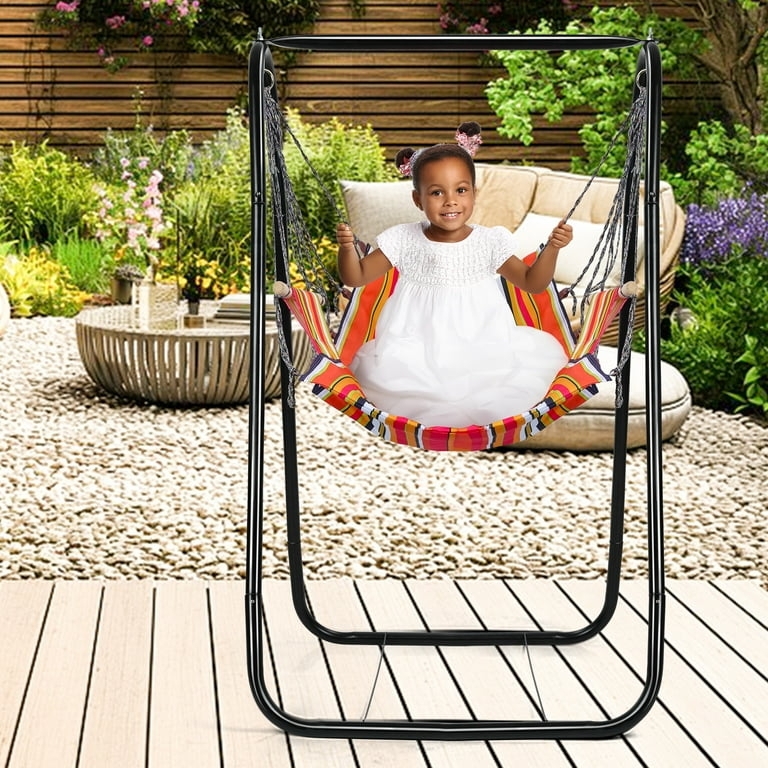 Hammock Chair Cream Woven Textile Spreader Bar Fringe Detailing C-Frame Stand