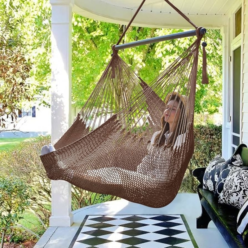 Hammock Chair Dark Brown Rope Spreader Bar Fringed Tassels Boho Outdoor