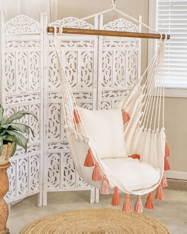 Hammock Chair Dusty Pink Woven Spreader Bar Tassel Fringe Bohemian Bedroom