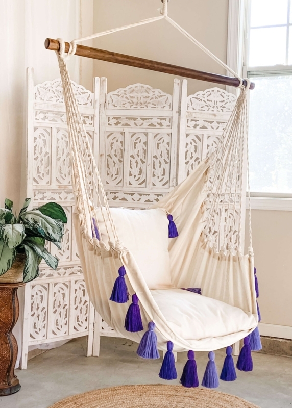 Hammock Chair Purple Weave Spreader Bar Tassels Woven Pattern Boho