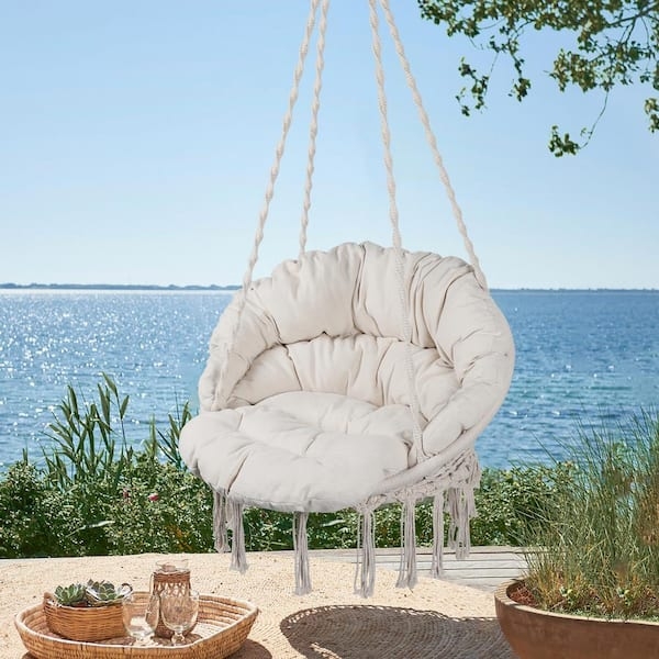 Hammock Chair White Cotton Rope Macrame Fringe C-Shaped Stand Cushion