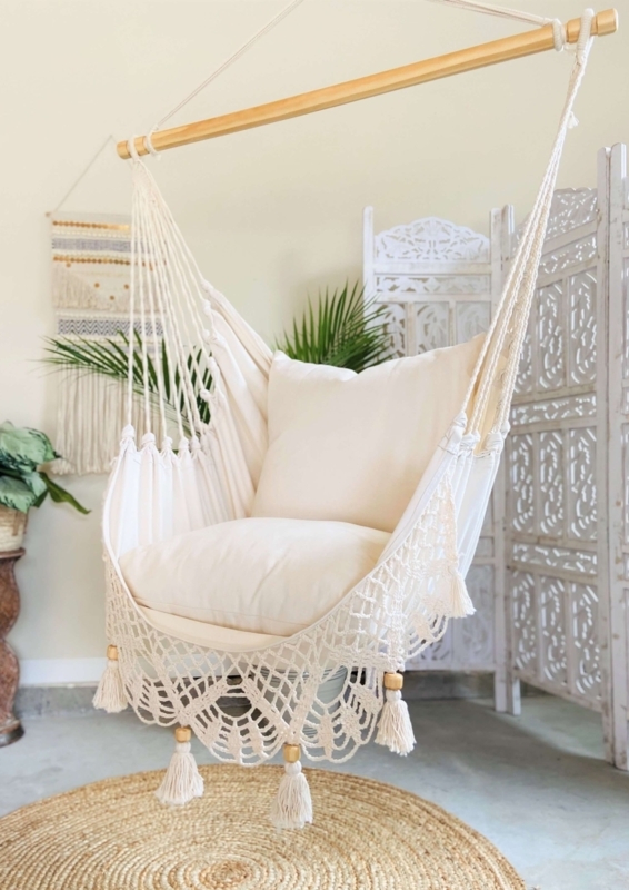 Hammock Chair White Crochet with Oversized Tassels & Spreader Bar