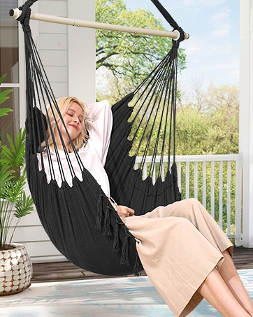 Hammock Chair With Charcoal Macrame Weave and Integrated Cushions