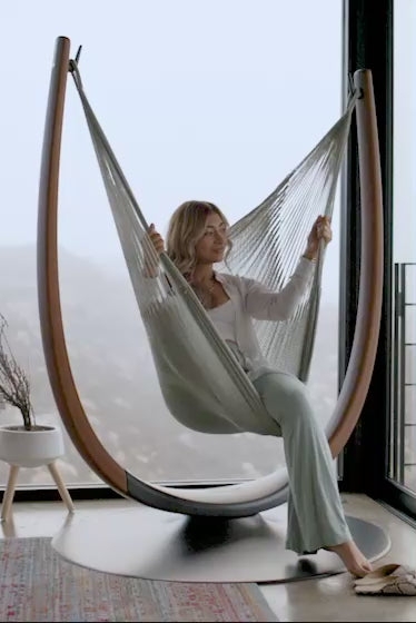 Hammock Chair with Circular Metal Stand & Woven Cord. Boho Style.