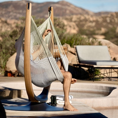 Hammock Chair with Sculptural Wood Stand, Multi-Colored Woven Seat