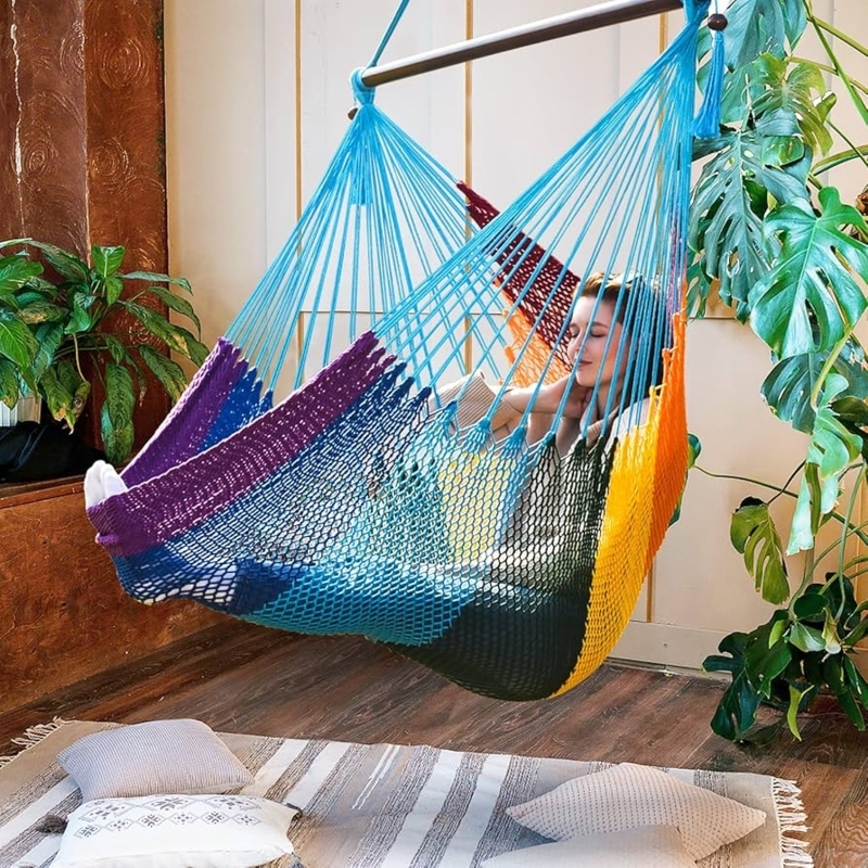 Hammock Chair with Spreader Bar and Rope Fringe for Indoor or Patio