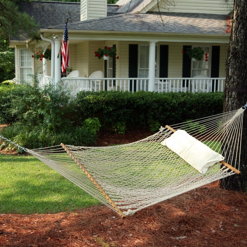 Hammock Cotton Rope Weave Wooden Spreader Bars Coastal Traditional