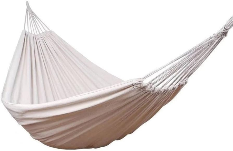 Hammock Cream Tassel Fringe Thick Canvas Wooden Bars Boho Backyard