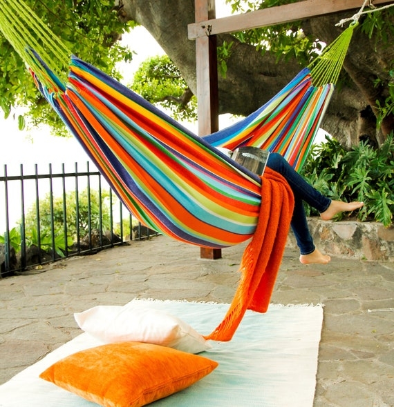 Hammock in Rainbow Canvas with Gathered Ends for Garden Retreat