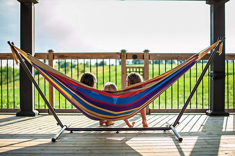 Hammock Multi-Colored Striped Fabric on Freestanding Metal Stand