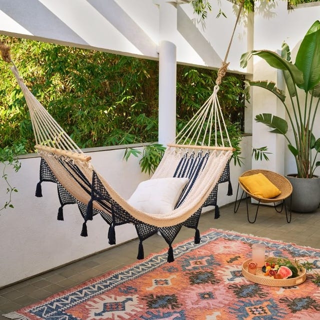 Hammock Navy Blue Woven Fabric with Macrame Fringe Tassels