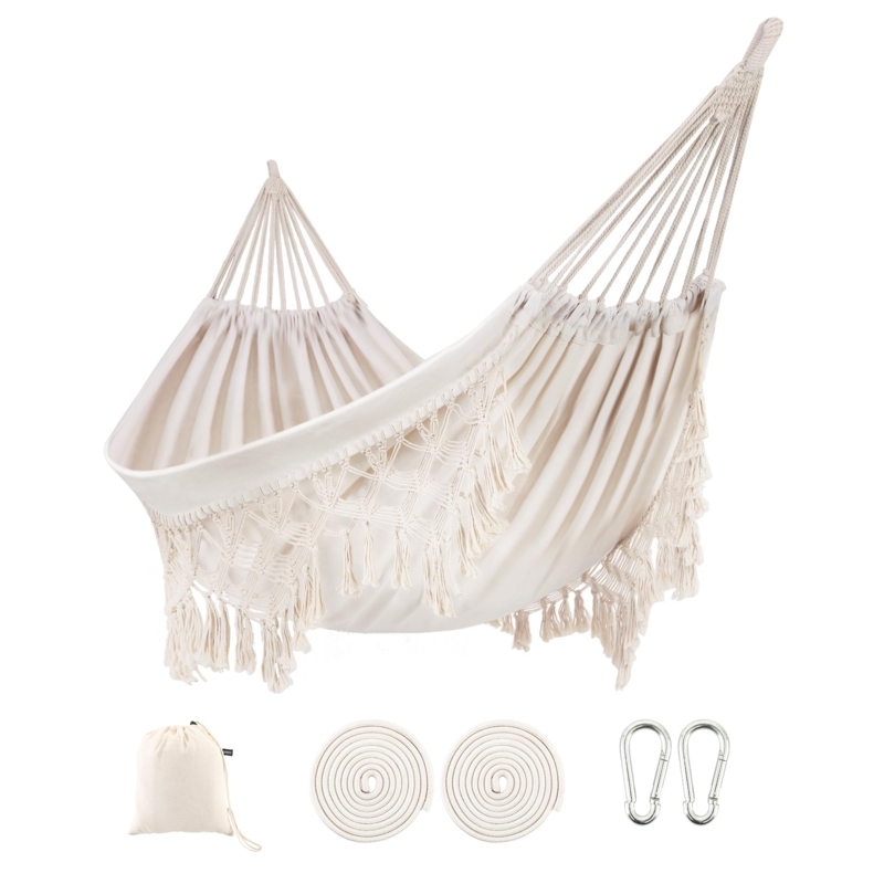 Hammock Off-White Cotton Rope Macrame Fringe Bohemian Sunroom Decor