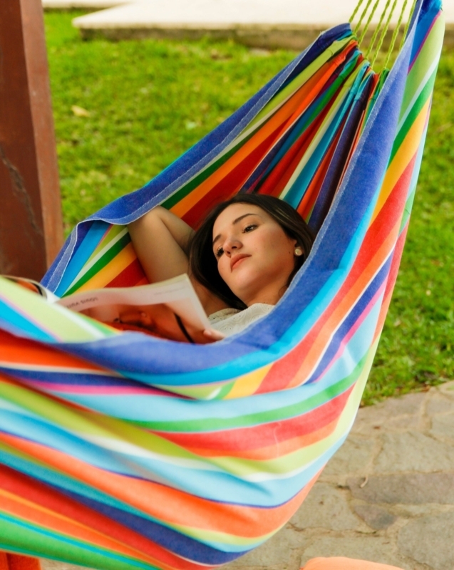 Hammock Rainbow Striped Garden with Boho Macrame Fringe Details