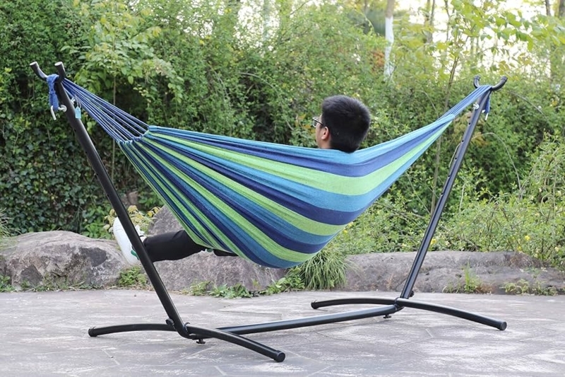 Hammock Rainbow Stripes U-Shaped Base Black Metal Stand Bohemian