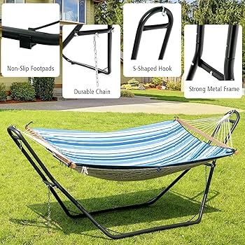 Hammock Stand Adjustable Steel Frame Striped Fabric Design Black Base