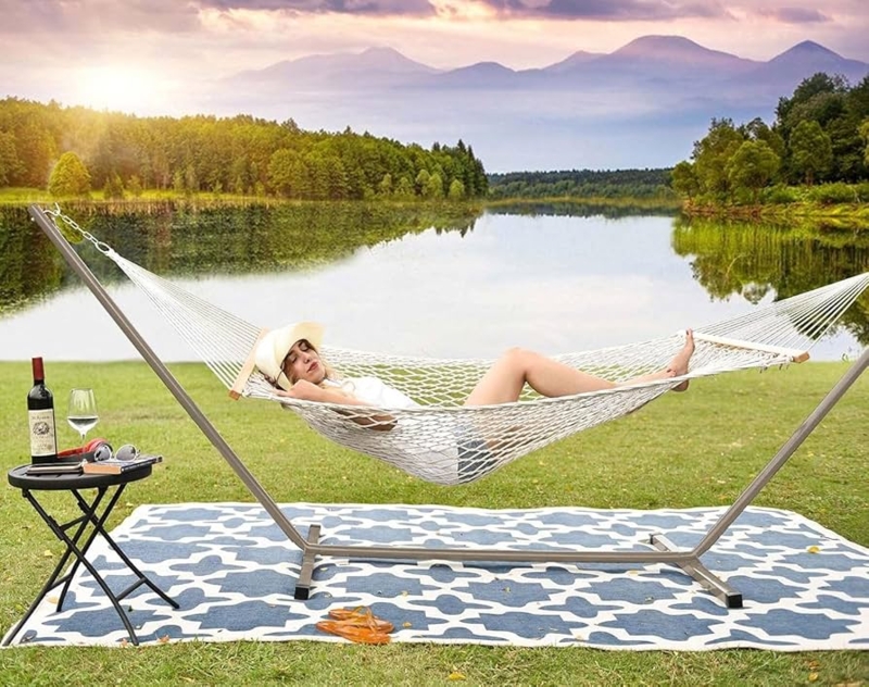 Hammock Stand Tan Finish Curved Steel Frame Minimalist Support
