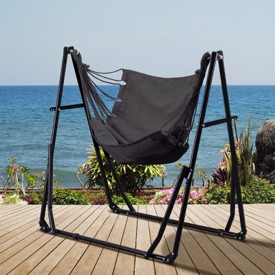 Hammock Swing Chair with Foldable Frame and Stand, Gray Padded Seat