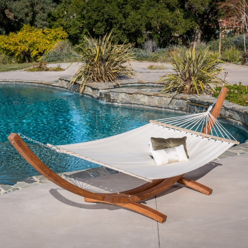 Hammock with Arc-Shaped Stand & Crescent Frame. Poolside Wood Stand.