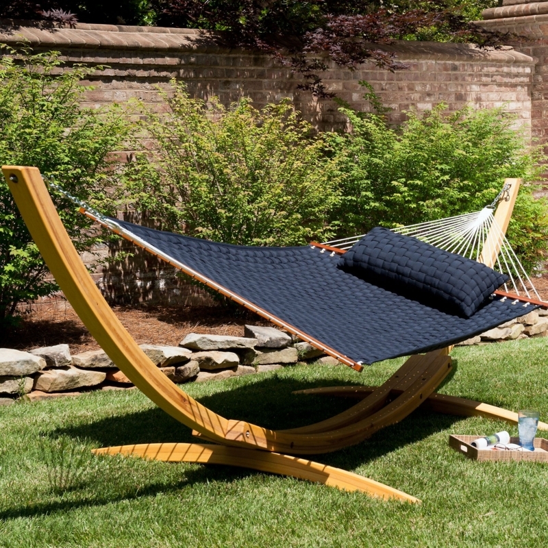 Hammock with Arched Wooden Stand and Pillow in Navy Diamond Weave